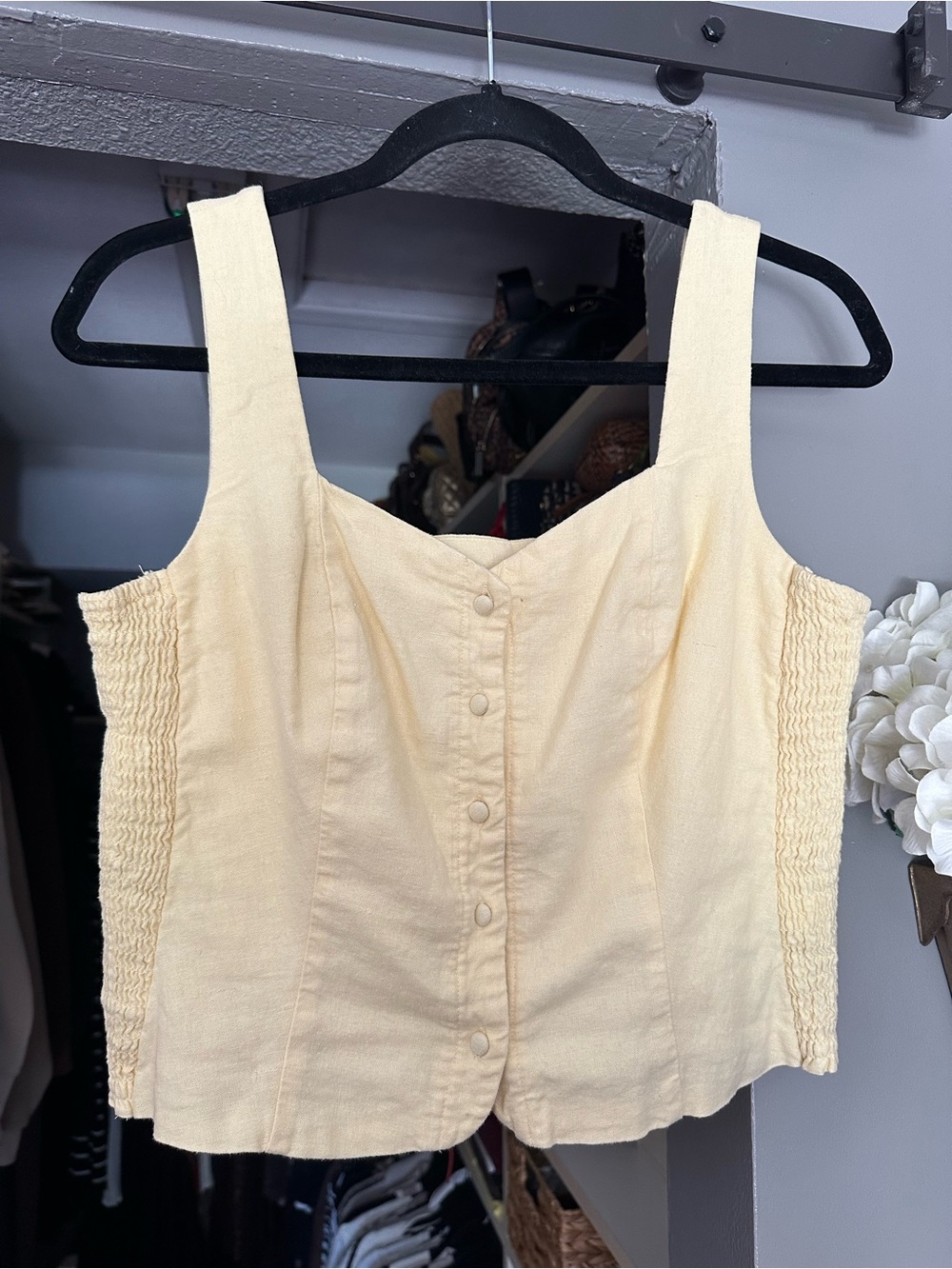 Yellow Button-Front Smocked Side Tank Top